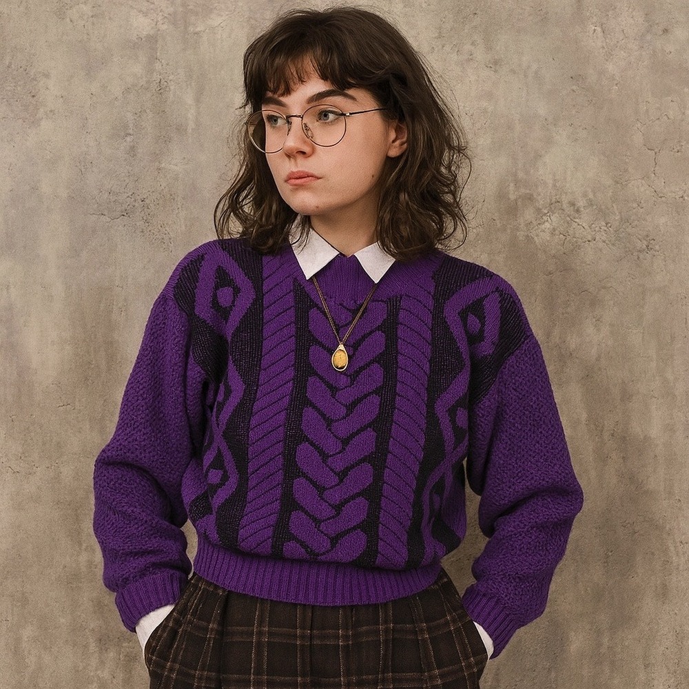Vintage 80s Justin Allen Purple‎ Cable Knit Sweater M Made in USA Acrylic Retro